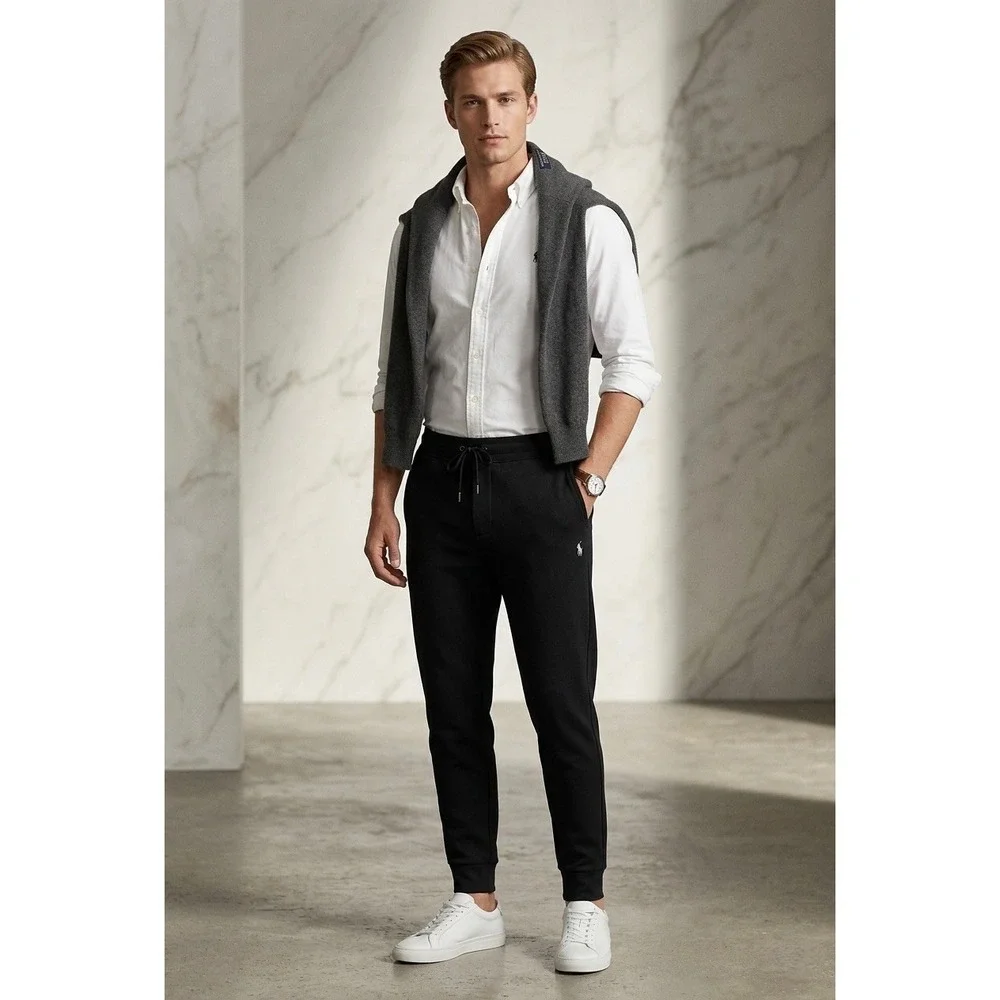 Polo Ralph Lauren Mens Double-Knit Jogger Pants Black Tapered Sweatpants Medium
